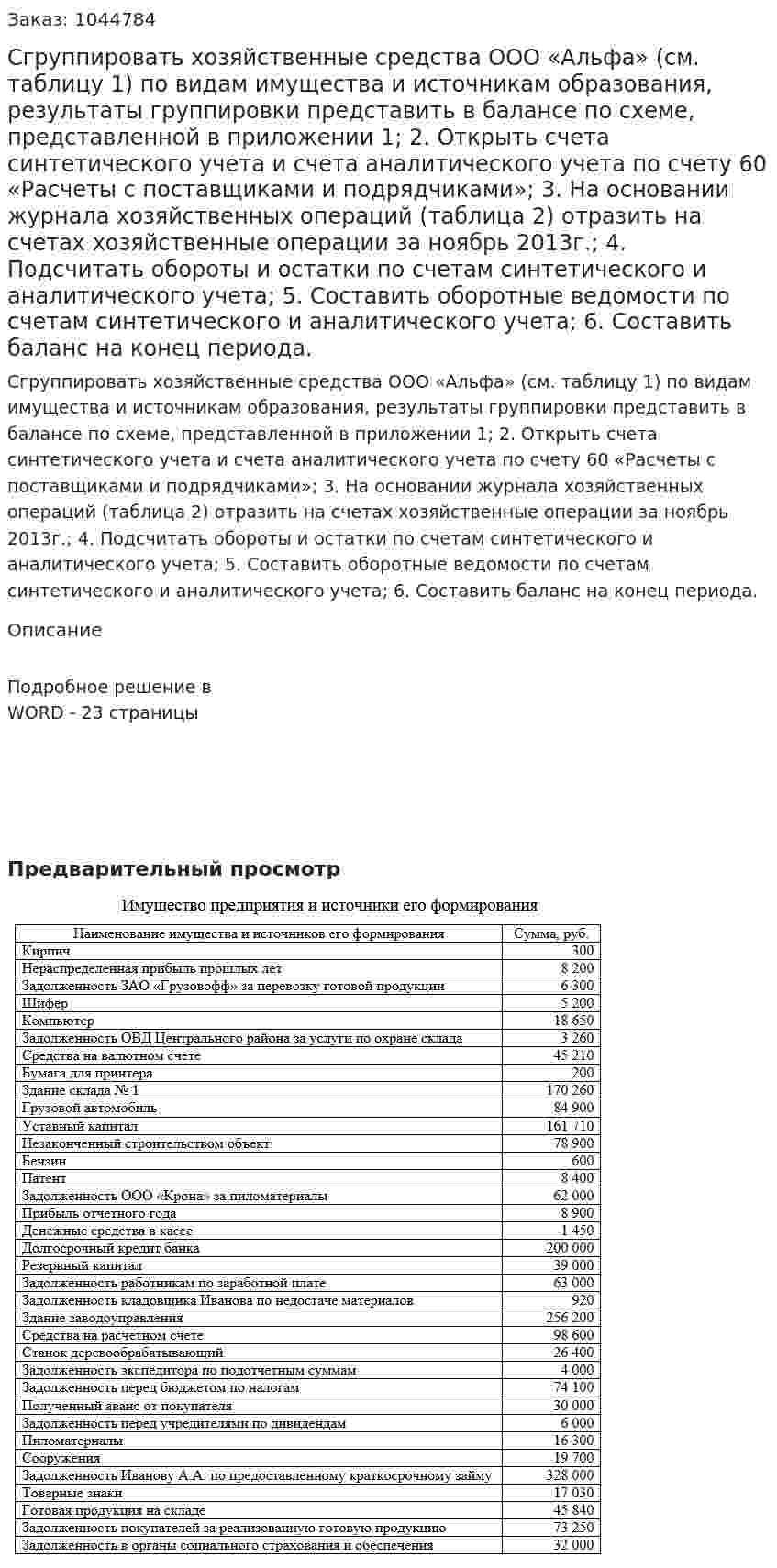 Сгруппировать хозяйственные средства ООО «Альфа» (см. таблицу 1) по видам имущества и источникам образования, результаты группировки представить в балансе по схеме, представленной в приложении 1; 2. Открыть счета синтетического учета и счета аналитического учета по счету 60 «Расчеты с поставщиками и подрядчиками»; 3. На основании журнала хозяйственных операций (таблица 2) отразить на счетах хозяйственные операции за ноябрь 2013г.; 4. Подсчитать обороты и остатки по счетам синтетического и аналитического учета; 5. Составить оборотные ведомости по счетам синтетического и аналитического учета; 6. Составить баланс на конец периода.