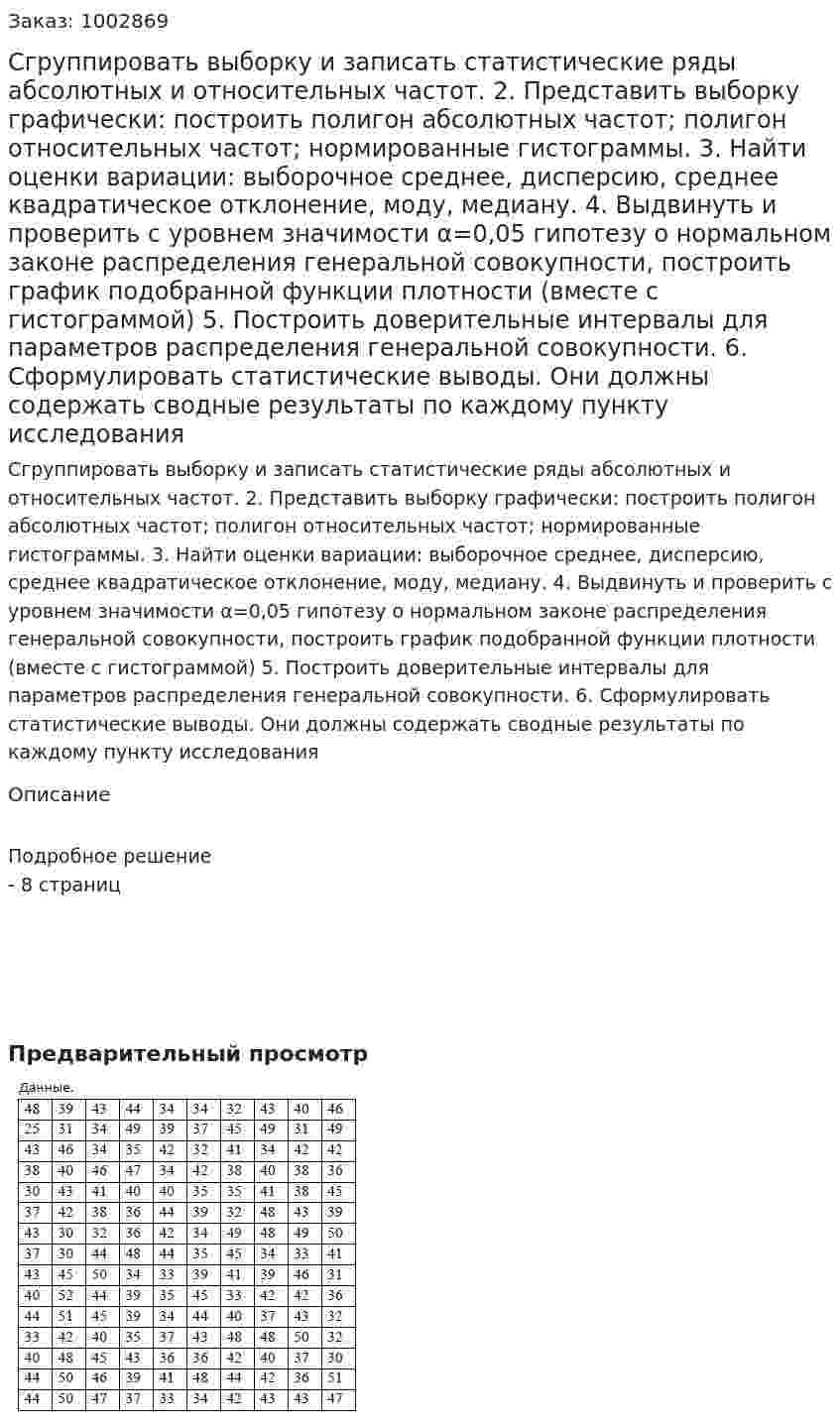 Сгруппировать выборку и записать статистические ряды абсолютных и относительных частот. 2. Представить выборку графически: построить полигон абсолютных частот; полигон относительных частот; нормированные гистограммы. 3. Найти оценки вариации: выборочное среднее, дисперсию, среднее квадратическое отклонение, моду, медиану. 4. Выдвинуть и проверить с уровнем значимости α=0,05 гипотезу о нормальном законе распределения генеральной совокупности, построить график подобранной функции плотности (вместе с гистограммой) 5. Построить доверительные интервалы для параметров распределения генеральной совокупности. 6. Сформулировать статистические выводы. Они должны содержать сводные результаты по каждому пункту исследования