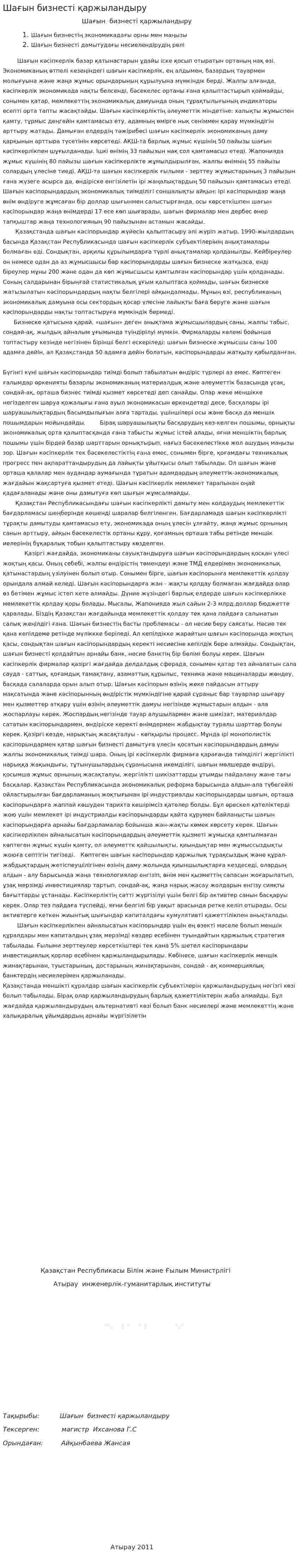 Шағын бизнесті қаржыландыру