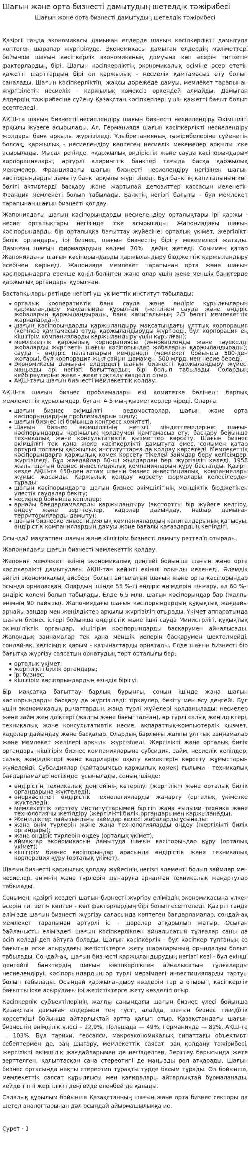 Шағын және орта бизнесті дамытудың шетелдік тәжірибесі