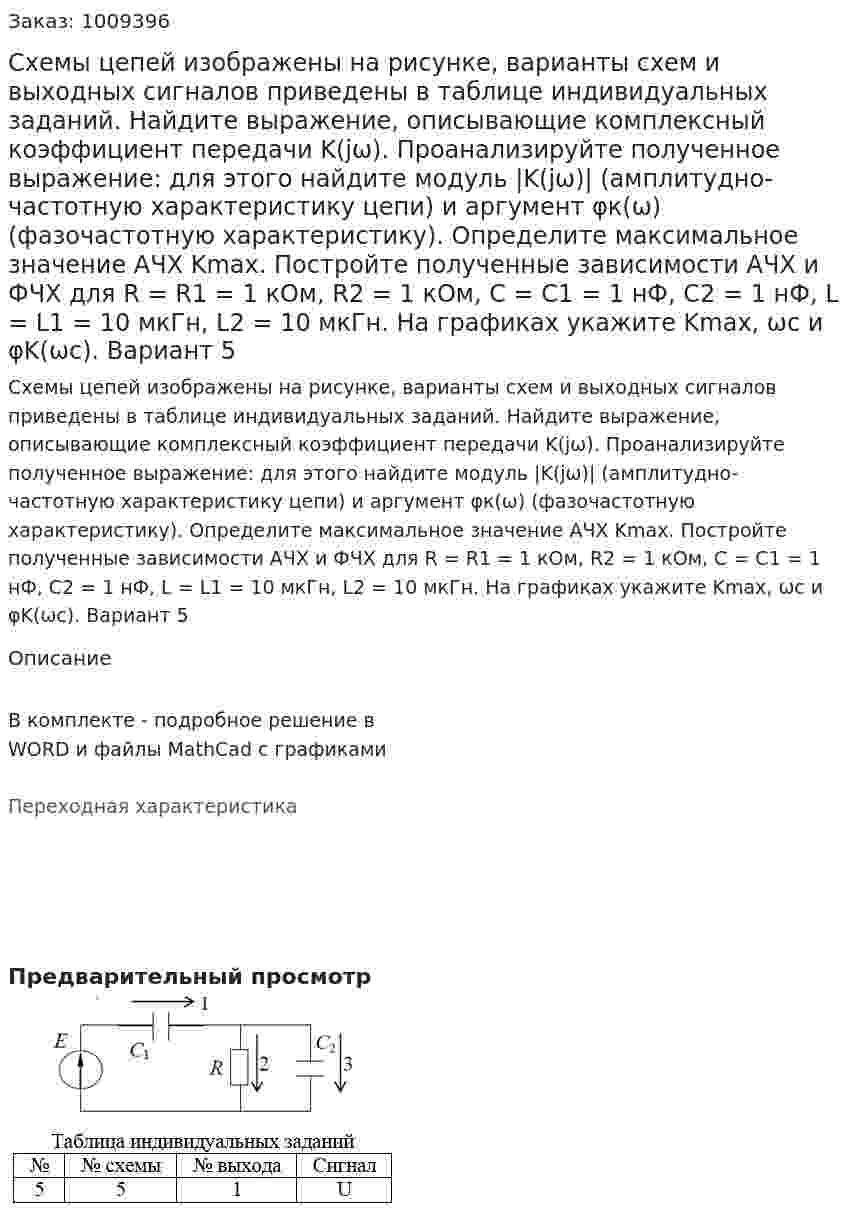Схемы цепей изображены на рисунке, варианты схем и выходных сигналов приведены в таблице индивидуальных заданий.  Найдите выражение, описывающие комплексный коэффициент передачи K(jω). Проанализируйте полученное выражение: для этого найдите модуль |K(jω)| (амплитудно-частотную характеристику цепи) и аргумент  φк(ω) (фазочастотную характеристику). Определите максимальное значение АЧХ  Kmax. Постройте полученные зависимости АЧХ и ФЧХ для R = R1 = 1 кОм, R2 = 1 кОм, C = C1 = 1 нФ, C2 = 1 нФ, L = L1 = 10 мкГн, L2 = 10 мкГн. На графиках укажите Kmax, ωc  и  φK(ωc). Вариант 5 