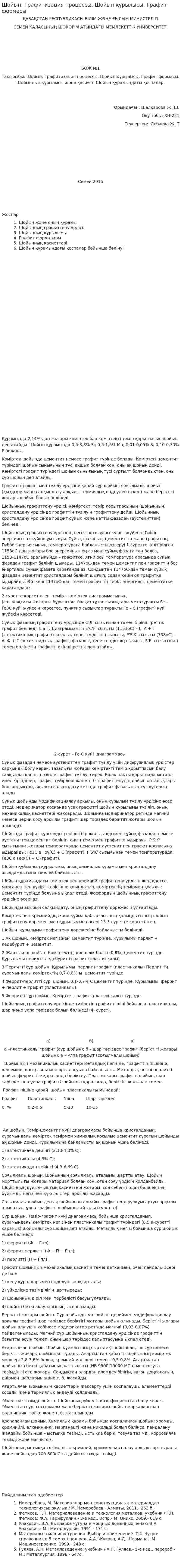 Шойын. Графитизация процессы. Шойын құрылысы. Графит формасы
