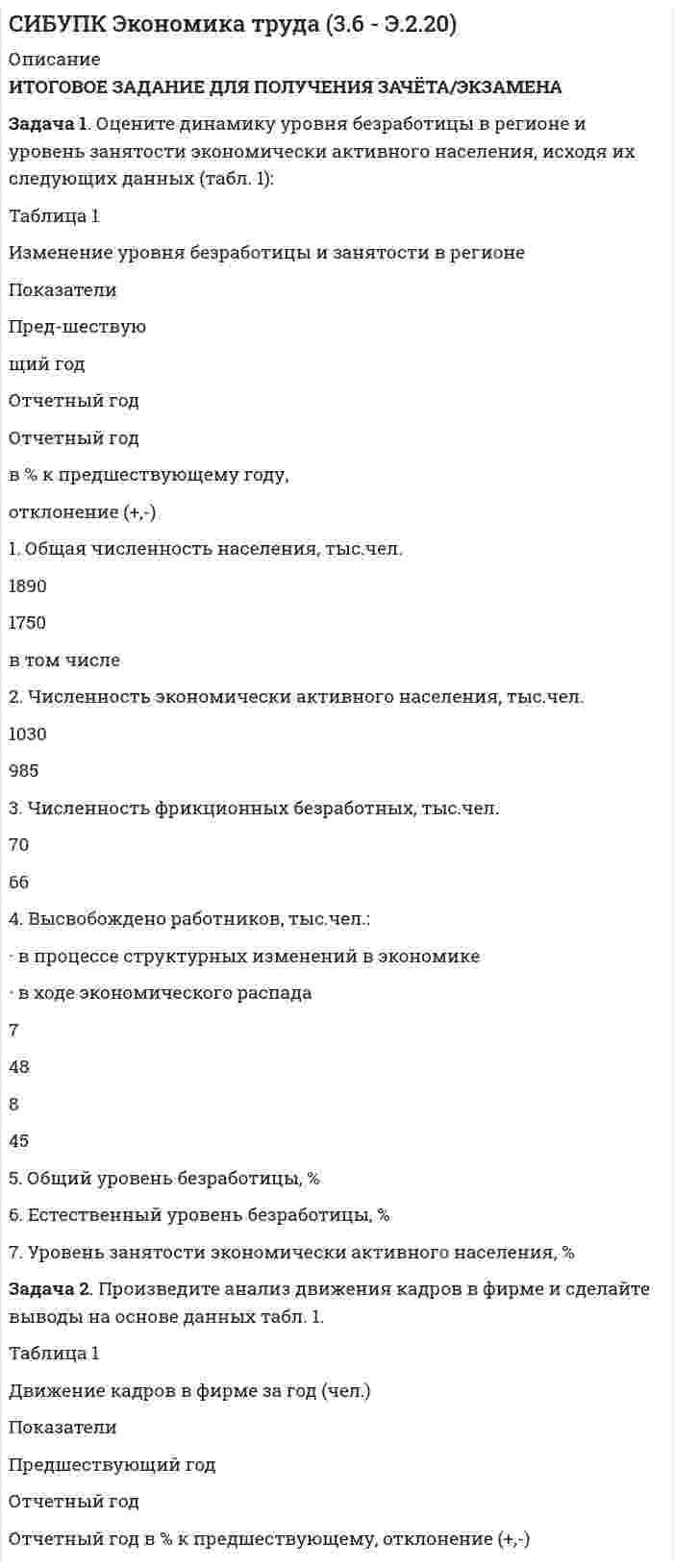 




Описание


ИТОГОВОЕ ЗАДАНИЕ ДЛЯ ПОЛУЧЕНИЯ ЗАЧЁТА/ЭКЗАМЕНА
Задача 1. Оцените динамику уровня безработицы в регионе и уровень занятости экономически активного населения, исходя их следующих данных (табл. 1):
 
Таблица 1
Изменение уровня безработицы и занятости в регионе
 
Показатели
Пред-шествую
щий год
Отчетный год
Отчетный год
в % к предшествующему году,
отклонение (+,-)
1. Общая численность населения, тыс.чел.
1890
1750
 
в том числе
2. Численность экономически активного населения, тыс.чел.
1030
985
 
3. Численность фрикционных безработных, тыс.чел.
70
66
 
4. Высвобождено работников, тыс.чел.:
· в процессе структурных изменений в экономике
· в ходе экономического распада
 
 
 
 
7
 
 
48
 
 
 
 
8
 
 
45
 
5. Общий уровень безработицы, %
 
 
 
6. Естественный уровень безработицы, %
 
 
 
7. Уровень занятости экономически активного населения, %
 
 
 
 
 
Задача 2. Произведите анализ движения кадров в фирме и сделайте выводы на основе данных табл. 1.
Таблица 1
Движение кадров в фирме за год (чел.)
 
Показатели
Предшествующий год
Отчетный год
Отчетный год в % к предшествующему, отклонение (+,-)
 



            
            
            Задача 1. Оцените динамику уровня безработицы в регионе и уровень занятости экономически активного населения, исходя их следующих данныхЗадача 1. Оцените динамику уровня безработицы в регионе и уровень занятости экономически активного населения, исходя их следующих данных (табл. 1):Задача 1. Оцените динамику уровня безработицы в регионе и уровень занятости экономически активного населения, исходя их следующих данных (табл. 1):. 2Задача 1. Оцените динамику уровня безработицы в регионе и уровень занятости экономически активного населения, исходя их следующих данных (табл. 1):. 3Задача 1. Оцените динамику уровня безработицы в регионе и уровень занятости экономически активного населения, исходя их следующих данных (табл. 1):. 4Задача 1. Оцените динамику уровня безработицы в регионе и уровень занятости экономически активного населения, исходя их следующих данных (табл. 1):. 5Задача 1. Оцените динамику уровня безработицы в регионе и уровень занятости экономически активного населения, исходя их следующих данных (табл. 1) Задача 2. Произведите анализ движения кадров в фирме и сделайте выводы на основе данных табл. 1.Задача 3.Задача 1 Определить период, за который начальный капитал в размере 1470000 руб. вырастет до 1800000 руб., если ставка простых процентов равна 9% годовых. Задача 2Задача 1 Определить предельное допустимое значение растягивающей силы F для конструкции заклепочного соединения, изображенного на рисунке (рис. 1). Определить коэффициент ослабления соединения при заданных размерах (материал полос и накладок сталь Ст3, заклепок сталь Ст2. Отверстия под заклепки сверленные диаметром d0.Задача 1 Определить срок в годах, при начислении простых процентов, по следующим данным: Процентная ставка i = 22% Вклад Р = 2 500 тыс. руб. Вклад с процентами (наращенная сумма) S = 6000 тыс. руб.Задача 1. Определить стандартизированные ранги объектов прогнозирования. Пояснить необходимость проведения процедуры стандартизации рангов. Исходные ранги приведены в табл. 1. Таблица 1. Ранги, присвоенные экспертом десяти объектамЗадача 1 Организация из одного вида материалов выпускает 3 вида необработанной продукции. В течение месяца было получено: продукта А – 100 тонн, продукта Б – 80 тонн, продукта В – 80 тонн. Производственные затраты составили – 1300000 руб. Запасы готовой продукции на начало месяца отсутствуют, а на конец месяца: продукции А – 20 тонн, продукции Б – 15 тонн, продукцииЗадача 1 Организация приобрела за плату оборудование стоимостью 5 200 000 руб., в т.ч. НДС. Объект основных средств предназначен для использования в производстве продукции.Задача 1 Организм взрослого человека на 70% состоит из воды. Какова масса воды в теле человека, который весит 76 кг