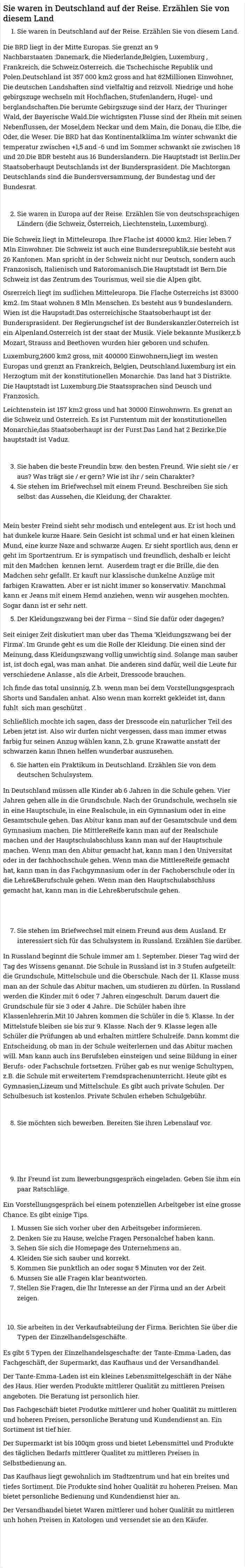 Sie waren in Deutschland auf der Reise. Erzählen Sie von diesem Land