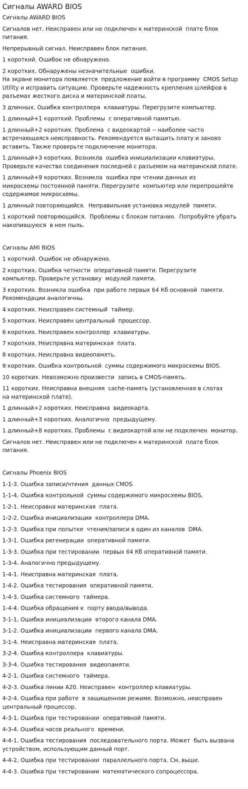 Сигналы AWARD BIOS