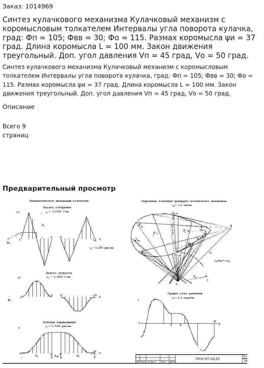 Синтез кулачкового механизма Кулачковый механизм с коромысловым толкателем Интервалы угла поворота кулачка, град: Фп = 105; Фвв = 30; Фо = 115. Размах коромысла ψи = 37 град. Длина коромысла L = 100 мм. Закон движения треугольный. Доп. угол давления Vп = 45 град, Vо = 50 град. 