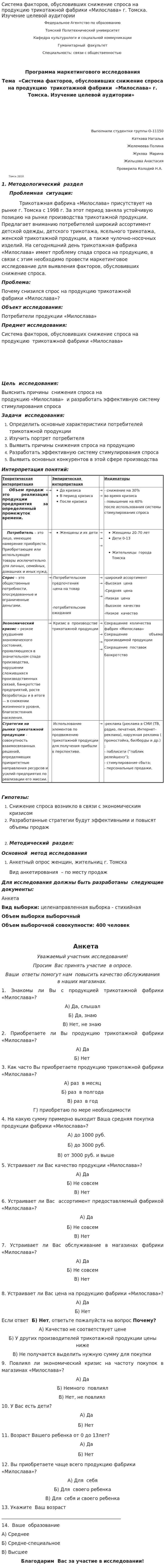 Система факторов, обусловивших снижение спроса на продукцию трикотажной фабрики «Милослава» г. Томска. Изучение целевой аудитории
