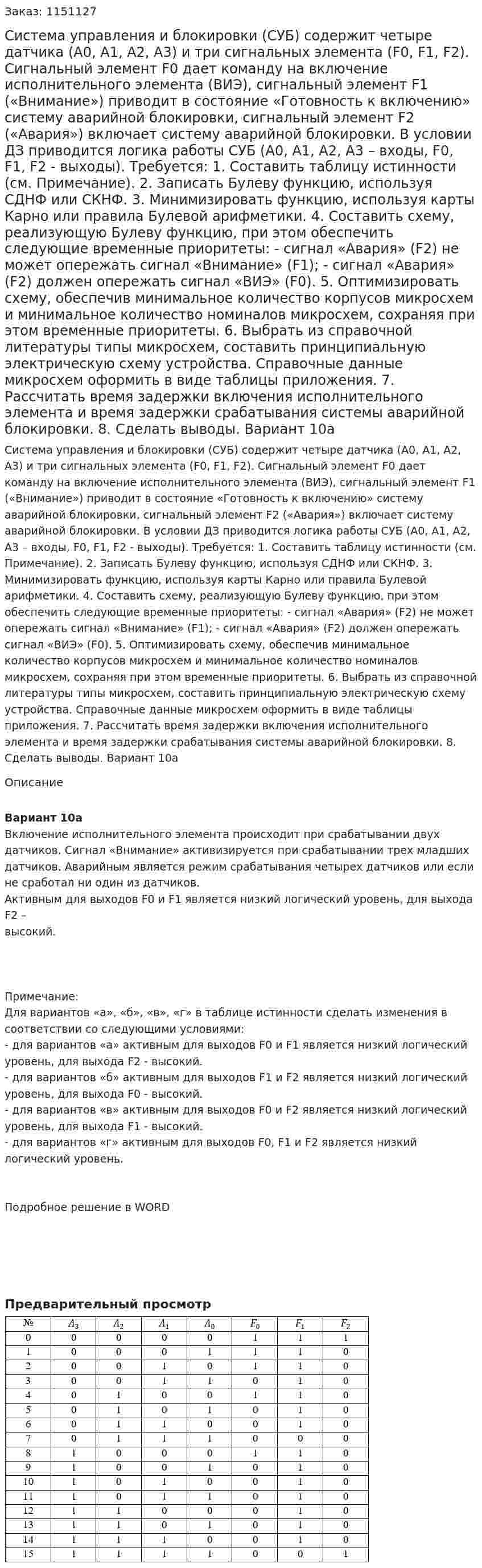Система управления и блокировки (СУБ) содержит четыре датчика (А0, А1, А2, А3) и три  сигнальных элемента (F0, F1, F2). Сигнальный элемент F0 дает команду на включение исполнительного элемента (ВИЭ), сигнальный элемент F1 («Внимание») приводит в состояние «Готовность к включению» систему аварийной блокировки, сигнальный элемент F2 («Авария») включает систему аварийной блокировки. 	В условии ДЗ приводится логика работы СУБ (А0, А1, А2, А3 – входы, F0, F1, F2 - выходы). 	Требуется: 1.	Составить таблицу истинности (см. Примечание). 2.	Записать Булеву функцию, используя СДНФ или СКНФ. 3.	Минимизировать функцию, используя карты Карно или правила Булевой арифметики. 4.	Составить схему, реализующую Булеву функцию, при этом обеспечить следующие временные приоритеты: - сигнал «Авария» (F2) не может опережать сигнал «Внимание» (F1); - сигнал «Авария» (F2) должен опережать сигнал «ВИЭ» (F0). 5.	Оптимизировать схему, обеспечив минимальное количество корпусов микросхем и минимальное количество номиналов микросхем, сохраняя при этом временные приоритеты. 6.	Выбрать из справочной литературы типы микросхем, составить принципиальную электрическую схему устройства. Справочные данные микросхем оформить в виде таблицы приложения. 7.	Рассчитать время задержки включения исполнительного элемента и время задержки срабатывания системы аварийной блокировки. 8.	Сделать выводы. Вариант 10а 