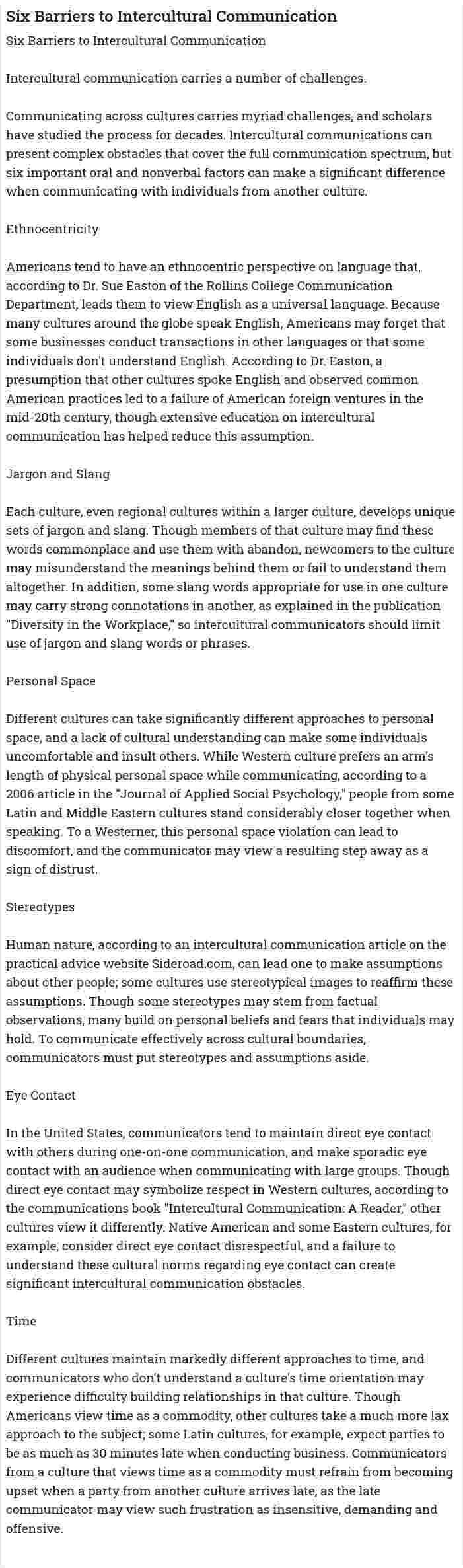 Six Barriers to Intercultural Communication