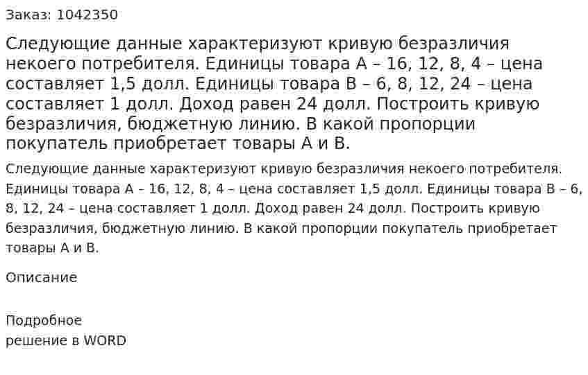 Следующие данные характеризуют кривую безразличия некоего потребителя.  Единицы товара А – 16, 12, 8, 4 – цена составляет 1,5 долл.  Единицы товара В – 6, 8, 12, 24 – цена составляет 1 долл.  Доход равен 24 долл.  Построить кривую безразличия, бюджетную линию.  В какой пропорции покупатель приобретает товары А и В. 
