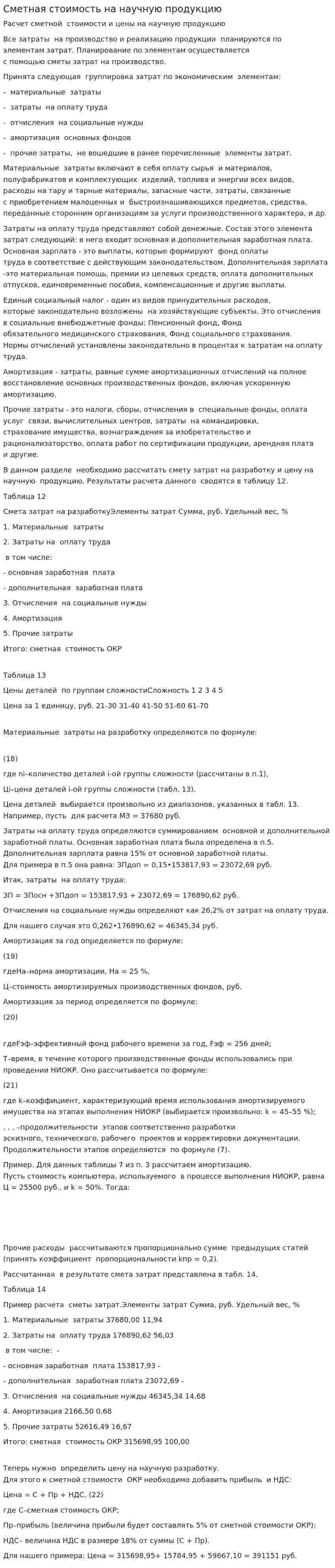 Сметная стоимость на научную продукцию