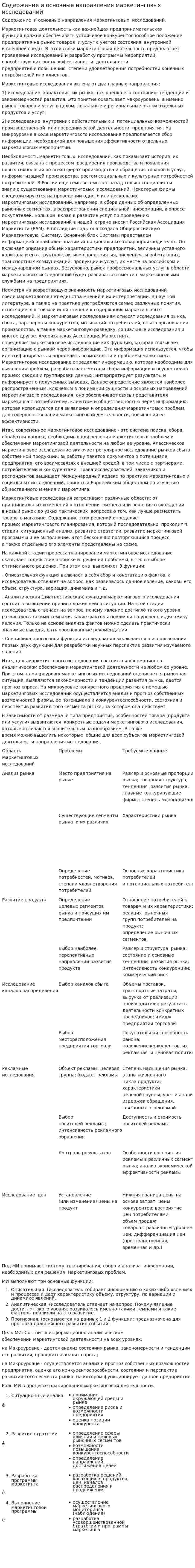 Содержание и основные направления маркетинговых исследований