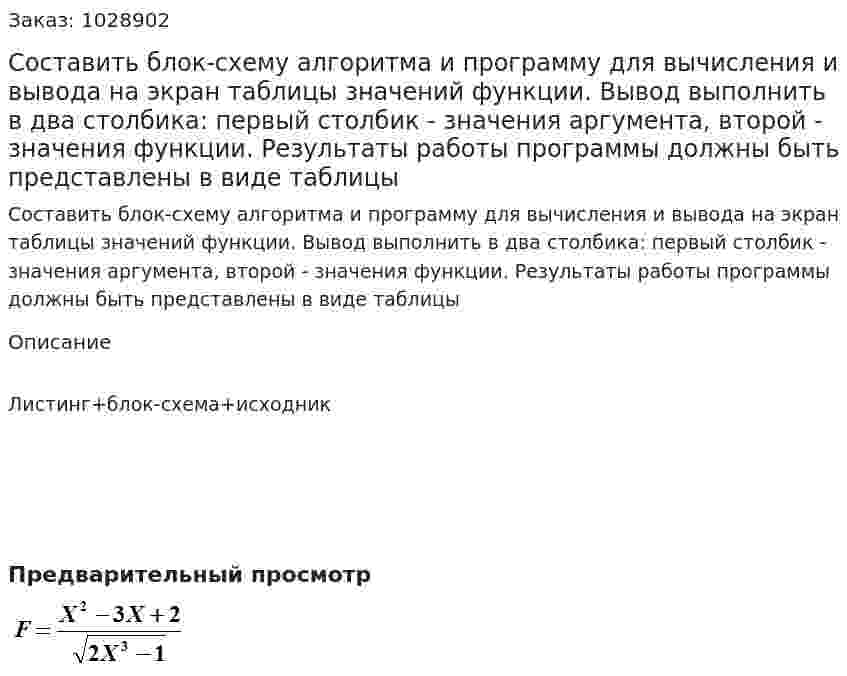 Составить блок-схему алгоритма и программу для вычисления и вывода на экран таблицы значений функции. Вывод выполнить в два столбика: первый столбик - значения аргумента, второй - значения функции. Результаты работы программы должны быть представлены в виде таблицы 