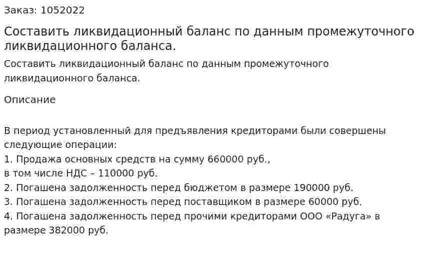 Составить ликвидационный баланс по данным промежуточного ликвидационного баланса. 