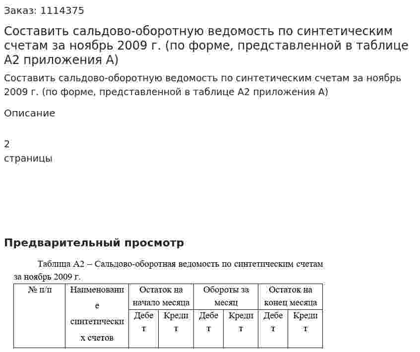 Составить сальдово-оборотную ведомость по синтетическим счетам за ноябрь 2009 г. (по форме, представленной в таблице А2 приложения А) 