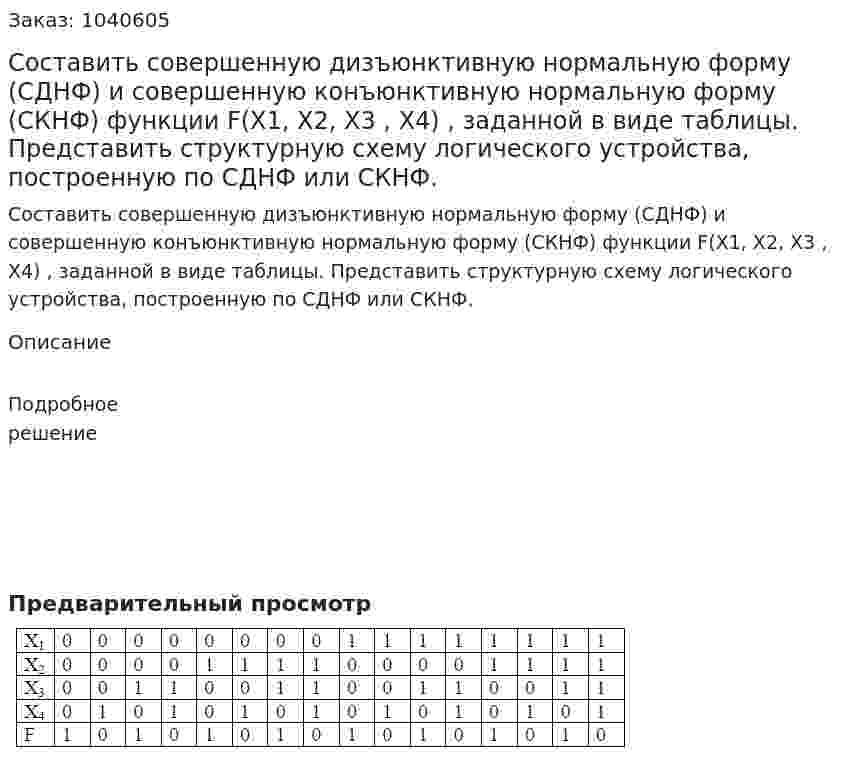 Составить совершенную дизъюнктивную нормальную форму (СДНФ) и совершенную конъюнктивную нормальную форму (СКНФ) функции  F(X1, X2, X3 , X4) , заданной в виде таблицы. Представить структурную схему логического устройства, построенную по СДНФ или СКНФ. 