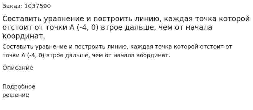 Составить уравнение и построить линию, каждая точка которой отстоит от точки А (-4, 0) втрое дальше, чем от начала координат. 