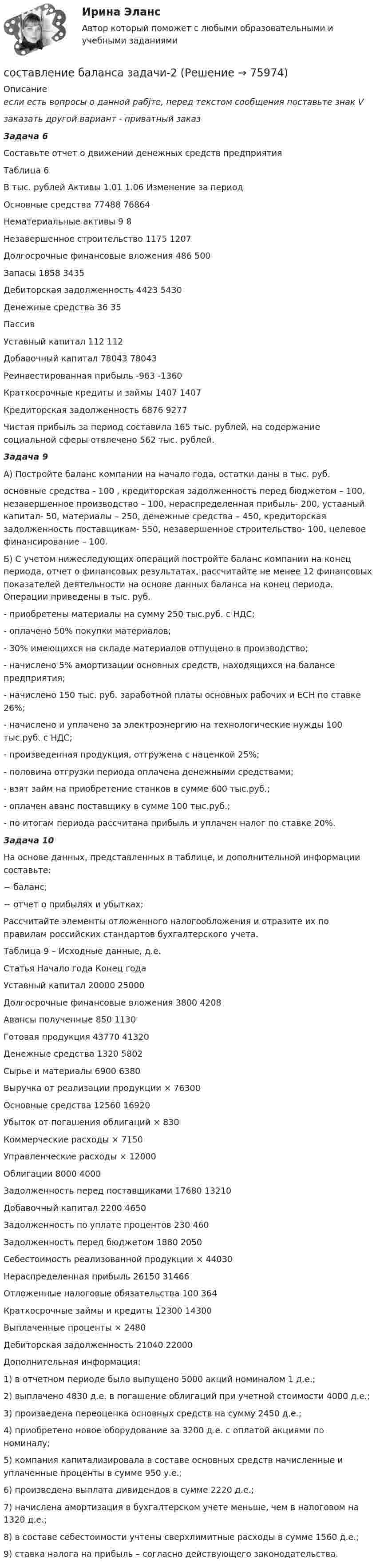     
            Описание
            если есть вопросы о данной рабjте, перед текстом сообщения поставьте знак Vзаказать другой вариант - приватный заказ Задача 6Составьте отчет о движении денежных средств предприятияТаблица 6В тыс. рублей  Активы 1.01 1.06 Изменение  за период   Основные средства 77488 76864    Нематериальные активы 9 8    Незавершенное строительство 1175 1207    Долгосрочные финансовые вложения 486 500Запасы 1858 3435    Дебиторская задолженность 4423 5430   Денежные средства 36 35    Пассив   Уставный капитал 112 112   Добавочный капитал 78043 78043   Реинвестированная прибыль -963 -1360   Краткосрочные кредиты и займы 1407 1407   Кредиторская задолженность 6876 9277  Чистая прибыль за период составила 165 тыс. рублей, на содержание социальной сферы отвлечено 562 тыс. рублей. Задача 9 А) Постройте баланс компании на начало года, остатки даны в тыс. руб.основные средства - 100 , кредиторская задолженность перед бюджетом – 100, незавершенное производство – 100, нераспределенная прибыль- 200, уставный капитал- 50, материалы – 250, денежные средства – 450, кредиторская задолженность поставщикам- 550, незавершенное строительство- 100, целевое финансирование – 100.	Б) С учетом нижеследующих операций постройте баланс компании на конец периода, отчет о финансовых результатах, рассчитайте не менее 12 финансовых показателей деятельности на основе данных баланса на конец периода. Операции приведены в тыс. руб.	- приобретены материалы на сумму 250 тыс.руб. с НДС;	- оплачено 50% покупки материалов;	- 30% имеющихся на складе материалов отпущено в производство;	- начислено 5% амортизации основных средств, находящихся на балансе предприятия;	- начислено 150 тыс. руб. заработной платы основных рабочих и ЕСН по ставке 26%;	- начислено и уплачено за электроэнергию на технологические нужды 100 тыс.руб. с НДС;	- произведенная продукция, отгружена с наценкой 25%;	- половина отгрузки периода оплачена денежными средствами;	- взят займ на приобретение станков в сумме 600 тыс.руб.;	- оплачен аванс поставщику в сумме 100 тыс.руб.;	- по итогам периода рассчитана прибыль и уплачен налог по ставке 20%. Задача 10	На основе данных, представленных в таблице, и дополнительной информации составьте:	−        баланс; 	−        отчет о прибылях и убытках; 	Рассчитайте элементы отложенного налогообложения и отразите их по правилам российских стандартов бухгалтерского учета.  Таблица 9 – Исходные данные, д.е. Статья Начало года Конец года   Уставный капитал 20000 25000   Долгосрочные финансовые вложения 3800 4208   Авансы полученные 850 1130   Готовая продукция 43770 41320   Денежные средства 1320 5802   Сырье и материалы 6900 6380   Выручка от реализации продукции × 76300   Основные средства 12560 16920   Убыток от погашения облигаций × 830   Коммерческие расходы × 7150   Управленческие расходы × 12000   Облигации 8000 4000   Задолженность перед поставщиками 17680 13210   Добавочный капитал 2200 4650   Задолженность по уплате процентов 230 460   Задолженность перед бюджетом 1880 2050   Себестоимость реализованной продукции × 44030   Нераспределенная прибыль 26150 31466   Отложенные налоговые обязательства 100 364   Краткосрочные займы и кредиты 12300 14300   Выплаченные проценты × 2480   Дебиторская задолженность 21040 22000  Дополнительная информация:1)     в отчетном периоде было выпущено 5000 акций номиналом 1 д.е.;2)     выплачено 4830 д.е. в погашение облигаций при учетной стоимости 4000 д.е.;3)     произведена переоценка основных средств на сумму 2450 д.е.;4)     приобретено новое оборудование за 3200 д.е. с оплатой акциями по номиналу;5)     компания капитализировала в составе основных средств начисленные и уплаченные проценты в сумме 950 у.е.;6)     произведена выплата дивидендов в сумме 2220 д.е.;7)     начислена амортизация в бухгалтерском учете меньше, чем в налоговом на 1320 д.е.;8)     в составе себестоимости учтены сверхлимитные расходы в сумме 1560 д.е.;9)     ставка налога на прибыль – согласно действующего законодательства.   
            
            
            составление баланса задачисоставление баланса задачи-2составление брачного контракта перед вступлением в брак стало заметно популярноСоставление документа согласно образцуСоставление и использование бухгалтерской (финансовой) отчетности   вариант № 1 Составление и расчет схемы транзисторного усилительного каскада с общим эмиттером.Составление книги доходов и расходов для организаций с применением упрощенной системы налогообложения (УСН)Составить таблицу сроков апелляционного, кассационного, надзорного обжалования решений арбитражных судов по различным категориям дел с указанием какие решения арбитражных судов обжалуются (вступившие в законную силу или не вступившие в законную силу).Составить таблицу численного решения методом Эйлера дифференциального уравнения при начальном условии y(2)=1 на отрезке [2,3] c шагом h=0,1. По полученным данным построить интегральную кривую.Составить технологическую карту обработки детали на Токарно-винторезном станкеСоставить уравнение гармонического колебания, если амплитуда колебания 4,0 см, а частота колебания 50 Гц.Составить уравнение плоской волны, распространяющейся в воздухе, частицы которой колеблются с частотой 2000 Гц и амплитудой 1,7 мкм. Скорость распространения волны 340 м/с. Определить среднее значение плотности энергииСоставить уравнения реакций между кислотами и основаниями, приводящих к образованию солей: NaNO3, NaHSO4, (ZnOH)2SO4. Дайте название полученным солямСоставить функциональные модели проекта по автоматизации банковской деятельности. Разработать основной бизнес-процесс-кредитование юридический лиц. Данный процесс состоит из трех работ, которые выполняются согласно Уставу…