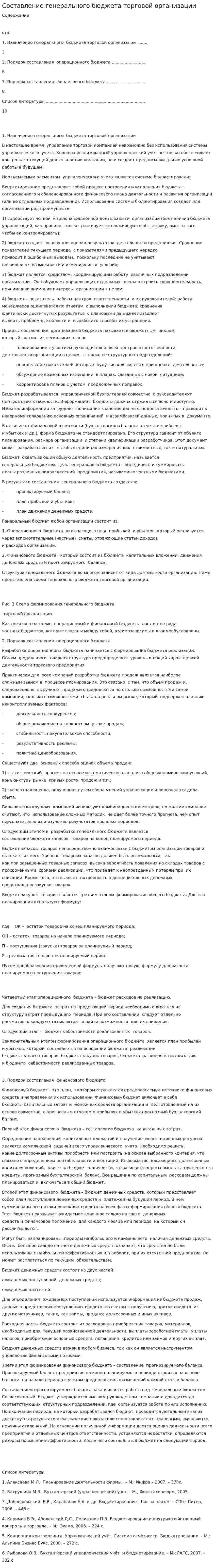 Составление генерального бюджета торговой организации