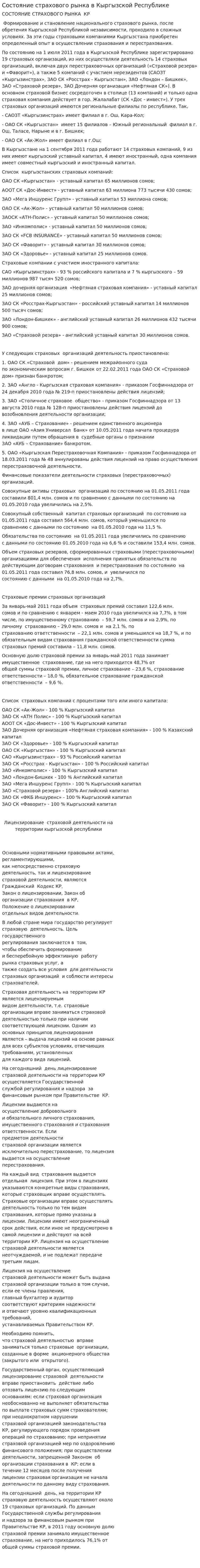 Состояние страхового рынка в Кыргызской Республике