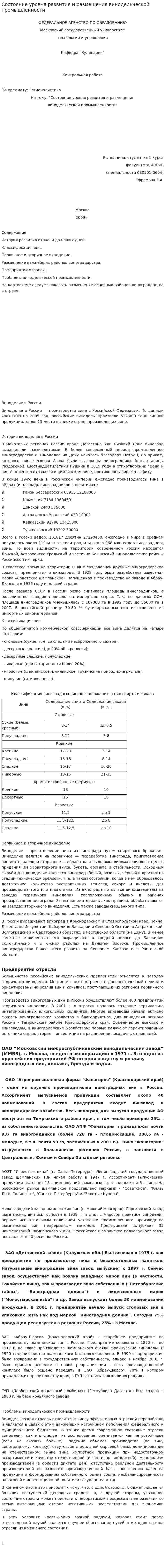 Состояние уровня развития и размещения винодельческой промышленности