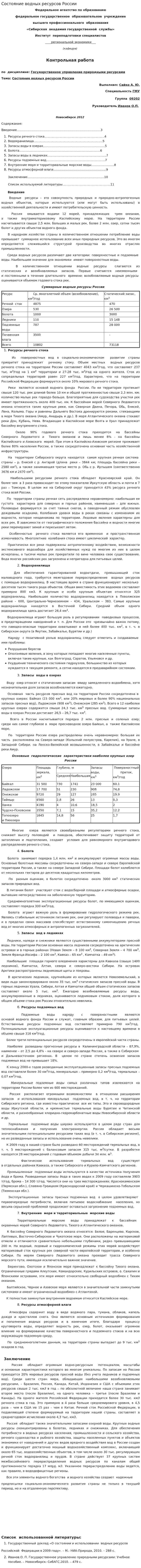Состояние водных ресурсов России