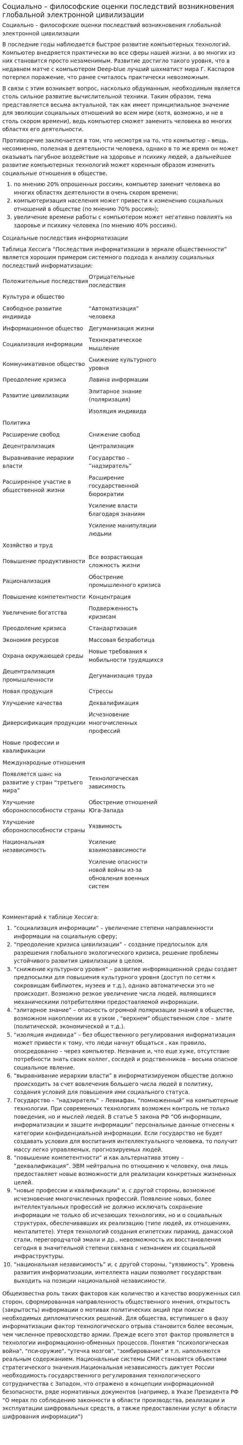 Социально – философские оценки последствий возникновения глобальной электронной цивилизации