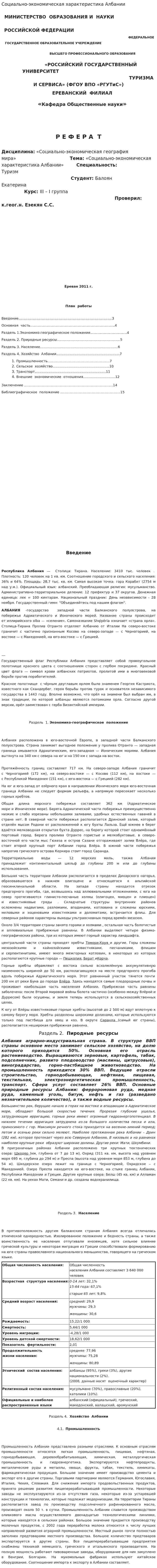 Социально-экономическая характеристика Албании