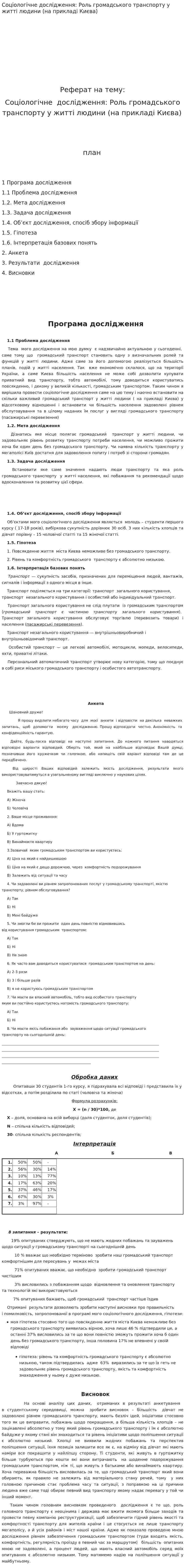 Соціологічне дослідження: Роль громадського транспорту у житті людини (на прикладі Києва)