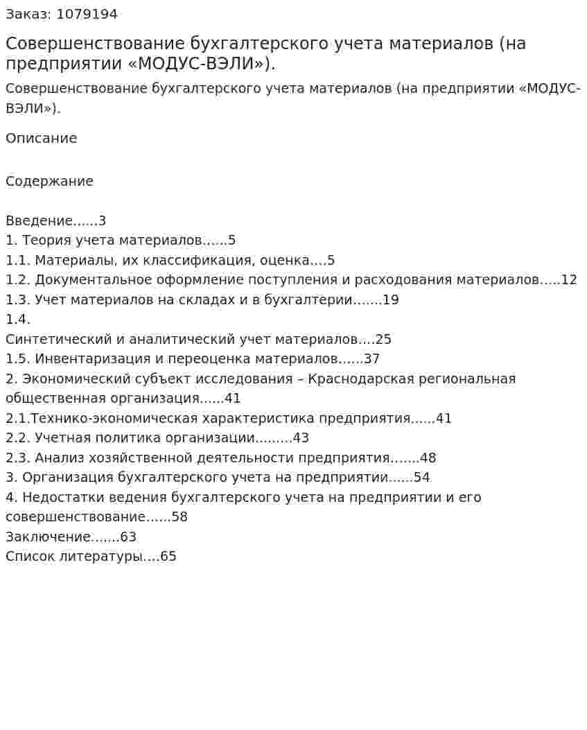 Совершенствование бухгалтерского учета материалов (на предприятии «МОДУС-ВЭЛИ»).  (курсовая работа) 