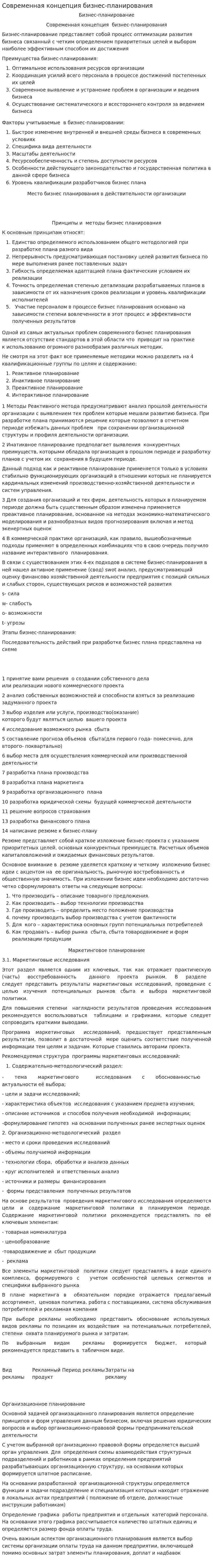 Современная концепция бизнес-планирования
