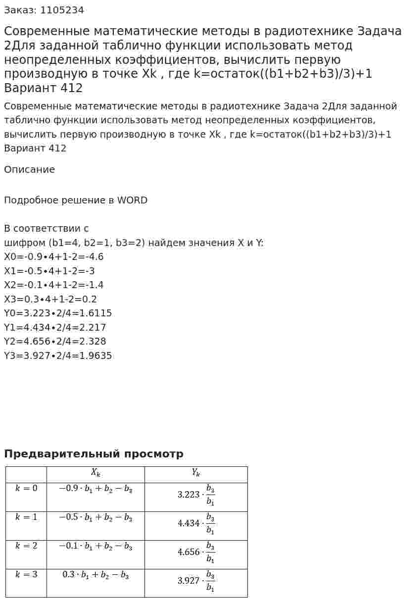 Современные математические методы в радиотехнике Задача 2Для заданной таблично функции использовать метод неопределенных коэффициентов, вычислить первую производную в точке  Xk , где  k=остаток((b1+b2+b3)/3)+1 Вариант 412 