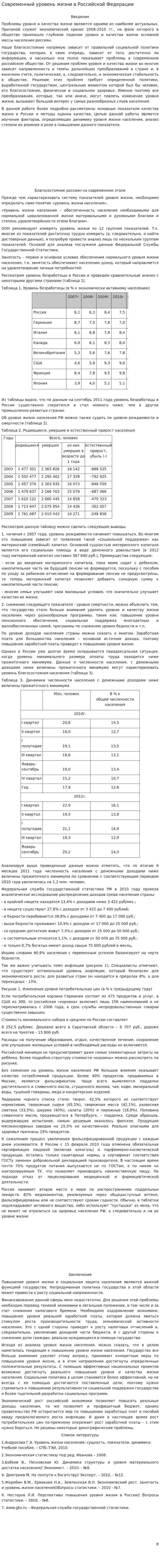 Современный уровень жизни в Российской Федерации