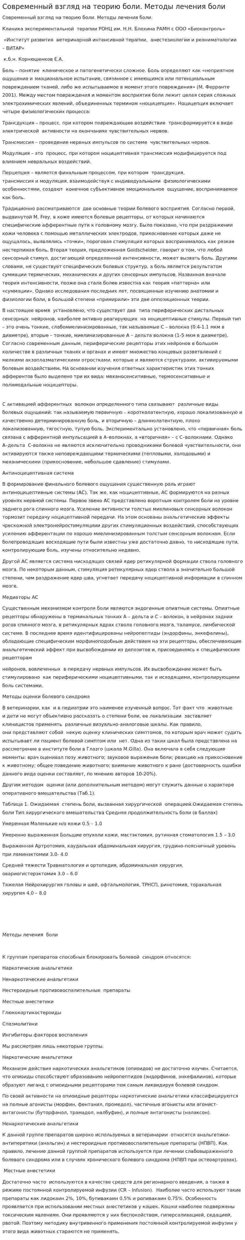 Современный взгляд на теорию боли. Методы лечения боли