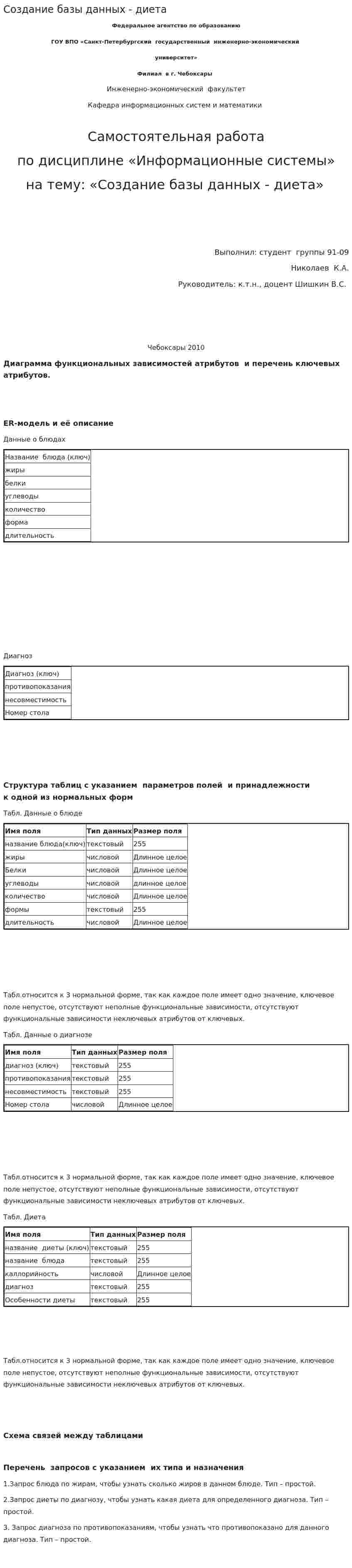 Создание базы данных - диета