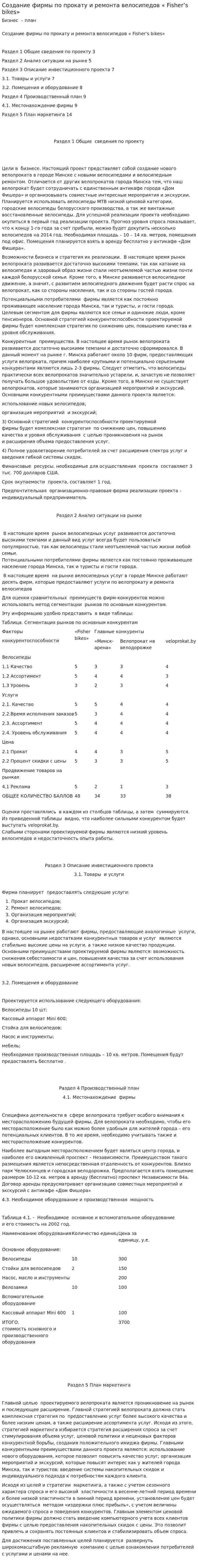 Создание фирмы по прокату и ремонта велосипедов « Fisher’s bikes»