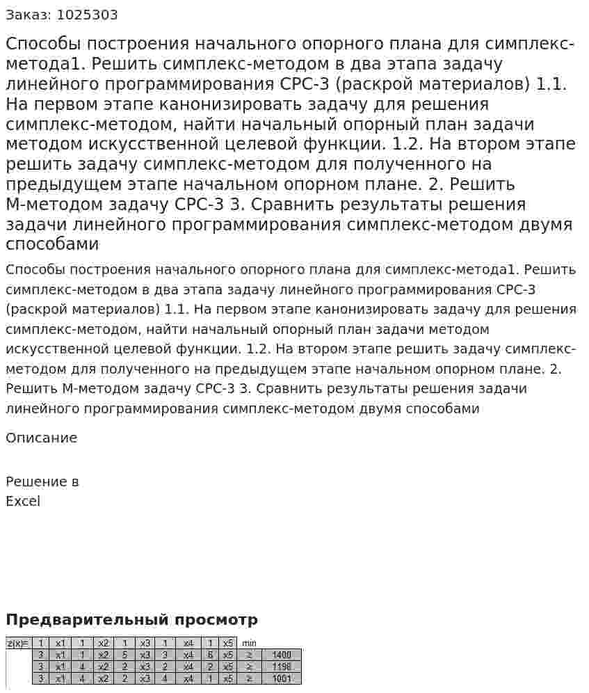 Способы построения начального опорного плана для симплекс-метода1.	Решить симплекс-методом в два этапа задачу линейного программирования СРС-3 (раскрой материалов) 1.1.	На первом этапе канонизировать задачу для решения симплекс-методом, найти начальный опорный план задачи методом искусственной целевой функции. 1.2.	На втором этапе решить задачу симплекс-методом для полученного на предыдущем этапе начальном опорном плане. 2.	Решить М-методом задачу СРС-3  3.	Сравнить результаты решения задачи линейного программирования симплекс-методом двумя способами 