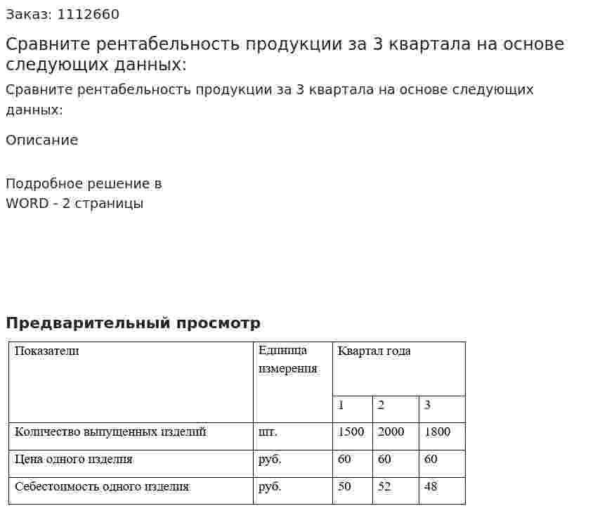 Сравните рентабельность продукции за 3 квартала на основе следующих данных: 