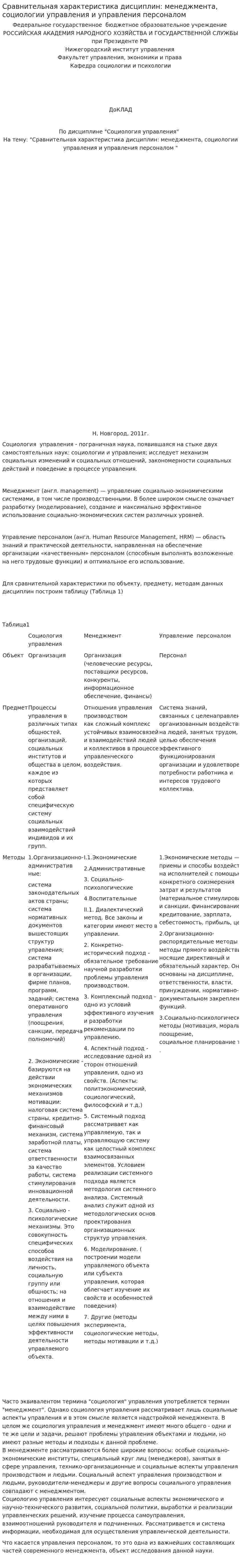 Сравнительная характеристика дисциплин: менеджмента, социологии управления и управления персоналом