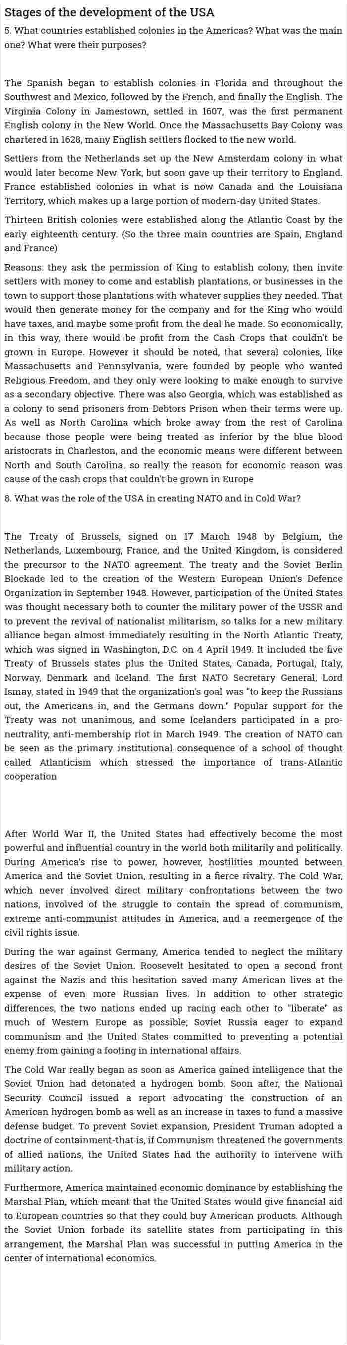 Stages of the development of the USA