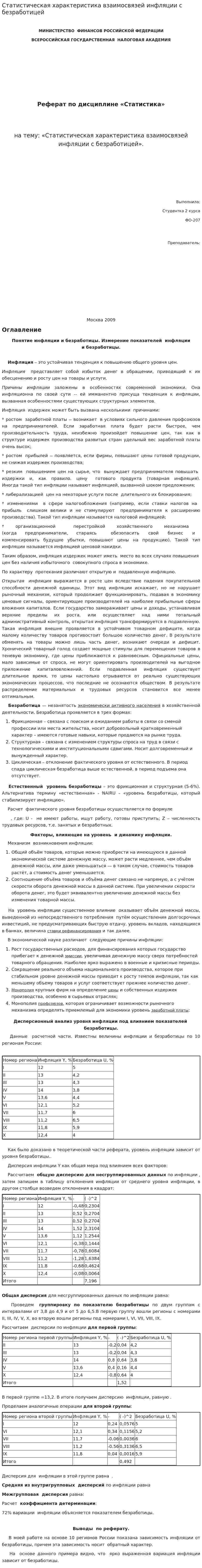 Статистическая характеристика взаимосвязей инфляции с безработицей