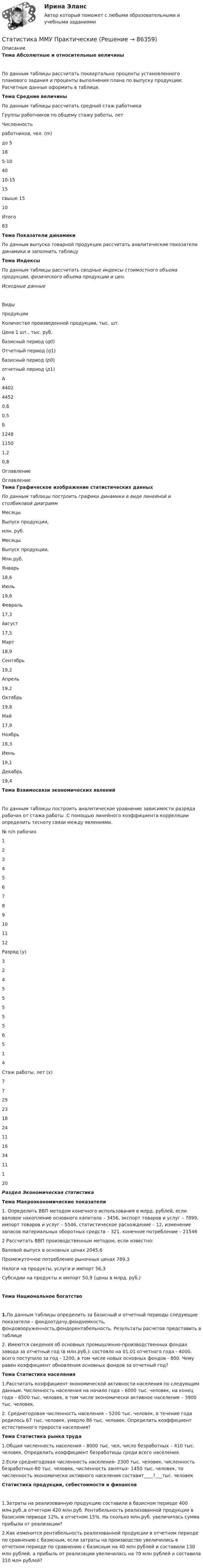     
            Описание
            Тема Абсолютные и относительные величиныПо данным таблицы рассчитать поквартально проценты установленного планового задания и проценты выполнения плана по выпуску продукции; Расчетные данные оформить в таблице.Тема Средние величиныПо данным таблицы рассчитать средний стаж работникаГруппы работников по общему стажу работы, летЧисленностьработников, чел. (m)до 5185-104010-1515свыше 1510Итого83Тема Показатели динамикиПо данным выпуска товарной продукции рассчитать аналитические показатели динамики и заполнить таблицуТема ИндексыПо данным таблицы рассчитать сводные индексы стоимостного объема продукции, физического объема продукции и цен.Исходные данныеВидыпродукцииКоличество произведенной продукции, тыс. шт.Цена 1 шт., тыс. руб.базисный период (q0)Отчетный период (q1)базисный период (p0)отчетный период (p1)А440244520,60,5Б124811501,20,8Оглавление 
            Оглавление
            Тема Графическое изображение статистических данныхПо данным таблицы построить графики динамики в виде линейной и столбиковой диаграммМесяцыВыпуск продукции,млн. руб.МесяцыВыпуск продукции,Млн.руб.Январь18,6Июль19,6Февраль17,3Август17,5Март18,9Сентябрь19,2Апрель19,2Октябрь19,8Май17,9Ноябрь18,3Июнь19,1Декабрь19,4Тема Взаимосвязи экономических явленийПо данным таблицы построить аналитическое уравнение зависимости разряда рабочих от стажа работы .С помощью линейного коэффициента корреляции определить тесноту связи между явлениями.№ n/n рабочих123456789101112Разряд (у)324555556514Стаж работы, лет (х)772523182411163411120Раздел Экономическая статистикаТема Макроэкономические показатели1. Определить ВВП методом конечного использования в млрд. рублей, если валовое накопление основного капитала – 3456, экспорт товаров и услуг – 7899, импорт товаров и услуг – 5546, статистическое расхождение – 12, изменение запасов материальных оборотных средств – 321, конечное потребление – 215462 Рассчитать ВВП производственным методом, если известно:Валовой выпуск в основных ценах 2045,6Промежуточное потребление рыночных ценах 789,3Налоги на продукты, услуги и импорт 56,3Субсидии на продукты и импорт 50,9 (цены в млрд. руб.)Тема Национальное богатство1.По данным таблицы определить за базисный и отчетный периоды следующие показатели – фондоотдачу,фондоемкость, фондовооруженность,фондорентабельность. Результаты расчетов представить в таблице2. Имеются сведения об основных промышленно-производственных фондах завода за отчетный год (в млн.руб.): состояло на 01.01 отчетного года - 4000, всего поступило за год - 1200, в том числе новых основных фондов - 800. Чему равен коэффициент обновления основных фондов за отчетный год?Тема Статистика населения1.Рассчитать коэффициент экономической активности населения по следующим данным. Численность населения на начало года – 6000 тыс. человек, на конец года – 6500 тыс. человек, в том числе экономически активное население – 3900 тыс. человек.2. Среднегодовая численность населения – 5200 тыс. человек, в течение года родилось 67 тыс. человек, умерло 86 тыс. человек. Определить коэффициент естественного прироста населения?Тема Статистика рынка труда1.Общая численность населения – 8000 тыс. чел, число безработных – 410 тыс. человек. Определить коэффициент безработицы среди всего населения.2.Если среднегодовая численность населения- 2300 тыс. человек, численность безработных-60 тыс. человек, численность занятых- 1450 тыс. человек, то численность экономически активного населения составит____?___тыс. человекСтатистика продукции, себестоимости и финансов1.Затраты на реализованную продукцию составили в базисном периоде 400 млн.руб.,в отчетном 420 млн.руб. Рентабельность реализованной продукции в базисном периоде 12%, в отчетном 15%. На сколько млн.руб. увеличилась сумма прибыли от реализации?2.Как изменится рентабельность реализованной продукции в отчетном периоде по сравнению с базисным, если затраты на производство увеличились в отчетном периоде по сравнению с базисным на 40 млн рублей и составили 130 млн рублей, а прибыль от реализации увеличилась на 70 млн рублей и составила 310 млн рублей?  
            
            
            Статистика_ММУ_практическая работаСтатистика ММУ Практические Статистика на автотранспорте. Контрольная работа.  Задание 1. Проверить крайние значения ряда на аномальность по критерию РомановскогоСтатистика населения. Изучение ряд динамики. Решение задачи💯 Статистика.ои(dor) (правильные ответы на тест Синергия / МОИ / МТИ / МосАП, август 2023)Статистика оптимизации защиты прав и законных интересов несовершеннолетних подразделений по делам несовершеннолетних ОВДСТАТИСТИКА (ответы на тест) ММУСтатистика Лог - Z//ИНСТИТУТ БИЗНЕСА БГУСтатистика Лог - Z//ИНСТИТУТ БИЗНЕСА БГУСтатистика Лог - Z//ИНСТИТУТ БИЗНЕСА БГУСтатистика Лог - Z//ИНСТИТУТ БИЗНЕСА БГУСтатистика Лог - Z//ИНСТИТУТ БИЗНЕСА БГУСтатистика ММУСтатистика ММУ 2023г.