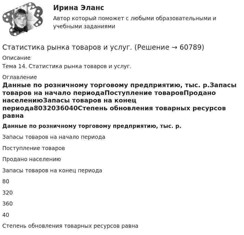     
            Описание
            Тема 14. Статистика рынка товаров и услуг.  
            Оглавление
            Данные по розничному торговому предприятию, тыс. р.Запасы товаров на начало периодаПоступление товаровПродано населениюЗапасы товаров на конец периода8032036040Степень обновления товарных ресурсов равна  
            
            
            статистика росдистант ТГУ 1 заданиеСтатистика рынка товаров и услуг.Статистика СамГУПС Вариант 4 На основании данных, представленных в таблице 1 вычислить:  1. Структуру вагонопотока сортировочных станций по плану и фактически. Отразить графически результаты расчетов и сделать вывод о структурных изменениях. Статистика СибупкСТАТИСТИКА СИБУПК 2К КУРС ТК-8 ТЕСТ 100%СТАТИСТИКА СИБУПК 2 КУРС ИТОГОВЫЙ ТЕСТ 73,33%СТАТИСТИКА СИБУПК 2 КУРС ТК-10 ТКСТ 83,33%Статистика Рейтинговая работа  6 Вариант МУ им. С.Ю. ВиттеСтатистика Рейтинговая работа  7 Вариант МУ им. С.Ю. ВиттеСтатистика Рейтинговая работа  8 Вариант МУ им. С.Ю. ВиттеСтатистика Рейтинговая работа  9 Вариант МУ им. С.Ю. ВиттеСтатистика росдистант 2023 актуализированныестатистика росдистант 3 заданиестатистика росдистант 6 задание 