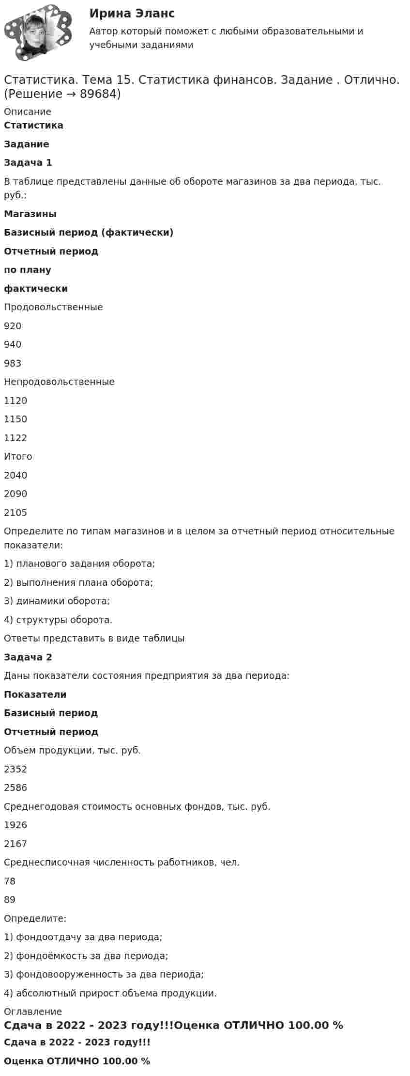     
            Описание
            СтатистикаЗаданиеЗадача 1   В таблице представлены данные об обороте магазинов за два периода, тыс. руб.: Магазины Базисный период (фактически) Отчетный период по плану фактически   Продовольственные 920 940 983   Непродовольственные 1120 1150 1122   Итого 2040 2090 2105 Определите по типам магазинов и в целом за отчетный период относительные показатели:1)        планового задания оборота;2)        выполнения плана оборота;3)        динамики оборота;4)        структуры оборота.           Ответы представить в виде таблицы Задача 2   Даны показатели состояния предприятия за два периода: Показатели Базисный период Отчетный период   Объем продукции, тыс. руб. 2352 2586   Среднегодовая стоимость основных фондов, тыс. руб. 1926 2167   Среднесписочная численность работников, чел. 78 89 Определите:1)        фондоотдачу за два периода;2)        фондоёмкость за два периода;3)        фондовооруженность за два периода;4)        абсолютный прирост объема продукции. 
            Оглавление
            Сдача в 2022 - 2023 году!!!Оценка ОТЛИЧНО 100.00 %  
            
            
            Статистика.Тема 15. Статистика финансов. Статистика. Тема 15. Статистика финансов. Задание . Отлично.💯 Статистика [Тема 1-7] (ответы на тесты Синергия / МОИ / МТИ / МосАП, сентябрь 2023)💯 Статистика > Тема 1. Статистика как наука. Статистическое наблюдение. Статистическая сводка и группировка (правильные ответы на тест Синергия / МОИ / МТИ / МосАП)💯 Статистика > Тема 2. Наглядное представление статистических данных (правильные ответы на тест Синергия / МОИ / МТИ / МосАП)💯 Статистика > Тема 3. Абсолютные и относительные показатели. Средние величины (правильные ответы на тест Синергия / МОИ / МТИ / МосАП)💯 Статистика > Тема 4. Показатели вариации. Дисперсионный метод анализа (правильные ответы на тест Синергия / МОИ / МТИ / МосАП)СТАТИСТИКА СИБУПК 2 КУРС ТК-6 ТЕСТ 100%Статистика Синергия 71 вопросСтатистика. Синергия. На отлично!Статистика. Синергия. Ответы на КОМПЕТЕНТНОСТНЫЙ ТЕСТСтатистика. Синергия. Тест.Статистика. СПО. МФПУ Синергия - 2022Статистика ТГУ Вариант 8 (3 задания) Основные макроэкономические, демографические и показатели уровня жизни Тульской области приведены в таблице