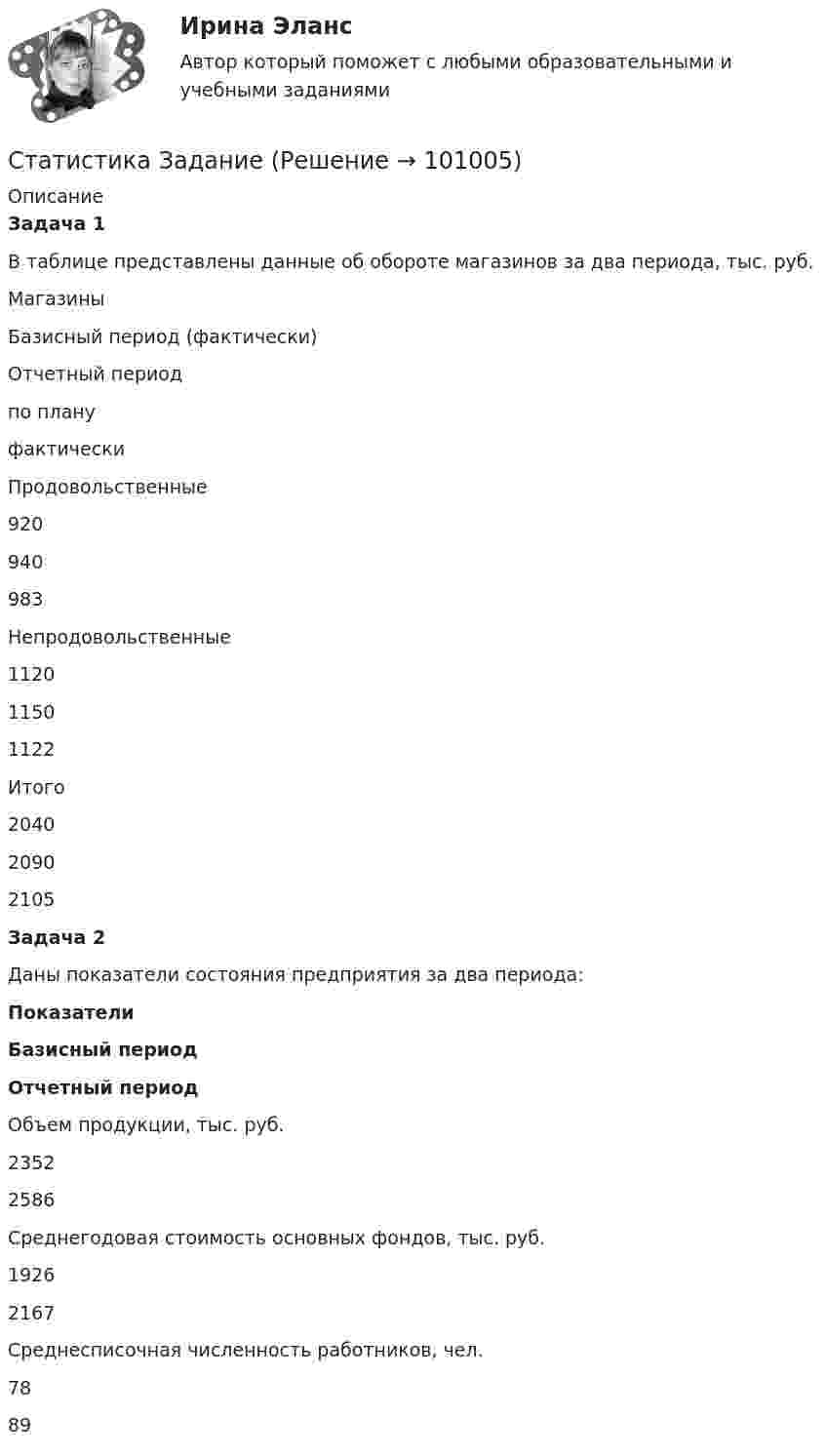      
            Описание
            Задача 1  В таблице представлены данные об обороте магазинов за два периода, тыс. руб.  Магазины Базисный период (фактически) Отчетный период   по плану фактически   Продовольственные 920 940 983   Непродовольственные 1120 1150 1122   Итого 2040 2090 2105 Задача 2  Даны показатели состояния предприятия за два периода: Показатели Базисный период Отчетный период   Объем продукции, тыс. руб. 2352 2586   Среднегодовая стоимость основных фондов, тыс. руб. 1926 2167   Среднесписочная численность работников, чел. 78 89    
            
            
            Статистика Домашняя работа (10 задач) Производство электроэнергии В РФ в 2014 г. составило 1159 млрд кВтч, 2015 г. - 1162 млрд кВтч, а в 2016 г. – 1175 млрд кВтч. Статистика ЗаданиеСтатистика ЗаданиеСтатистика Задание Задача 1Статистика Задание Задача 1 В таблице представлены данные об обороте магазинов за два периода, тыс. руб.:Статистика Задание по теме 7 «Анализ рядов динамики» (5 задач)Статистика. Задание. СибУпк💯 Статистика (все ответы на тест Синергия / МТИ / МосАП, март 2023)💯 Статистика (все ответы на тест Синергия / МТИ / МосАП, сентябрь 2022)💯 Статистика (все ответы на тест Синергия / МТИ / МосАП, февраль 2023)💯 Статистика (все ответы на тест Синергия / МТИ / МосАП, январь 2023)Статистика в управлении персоналом (1/2) ММУ 2024гСТАТИСТИКА. Готовые задания 1-6. ТГУ РосдистантСтатистика Домашнее задание по теме 10 (4 задания)