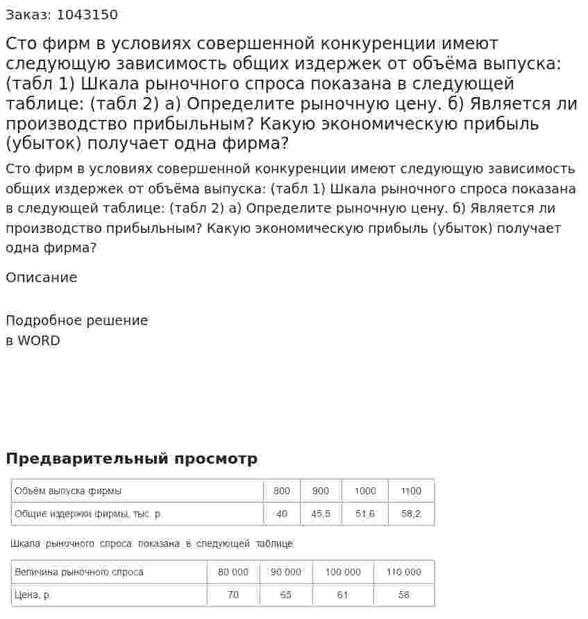 Сто фирм в условиях совершенной конкуренции имеют следующую зависимость общих издержек от объёма выпуска: (табл 1) Шкала рыночного спроса показана в следующей таблице: (табл 2) а) Определите рыночную цену.  б) Является ли производство прибыльным? Какую экономическую прибыль (убыток) получает одна фирма? 