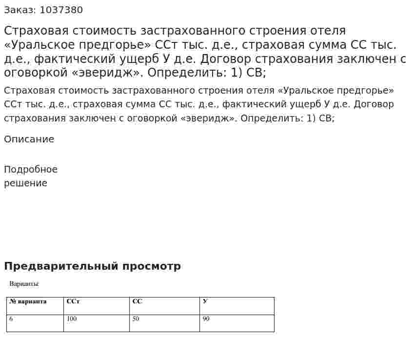 Страховая стоимость застрахованного строения отеля «Уральское предгорье» ССт тыс. д.е., страховая сумма СС тыс. д.е., фактический ущерб У д.е. Договор страхования заключен с оговоркой «эверидж». Определить: 1) СВ;  