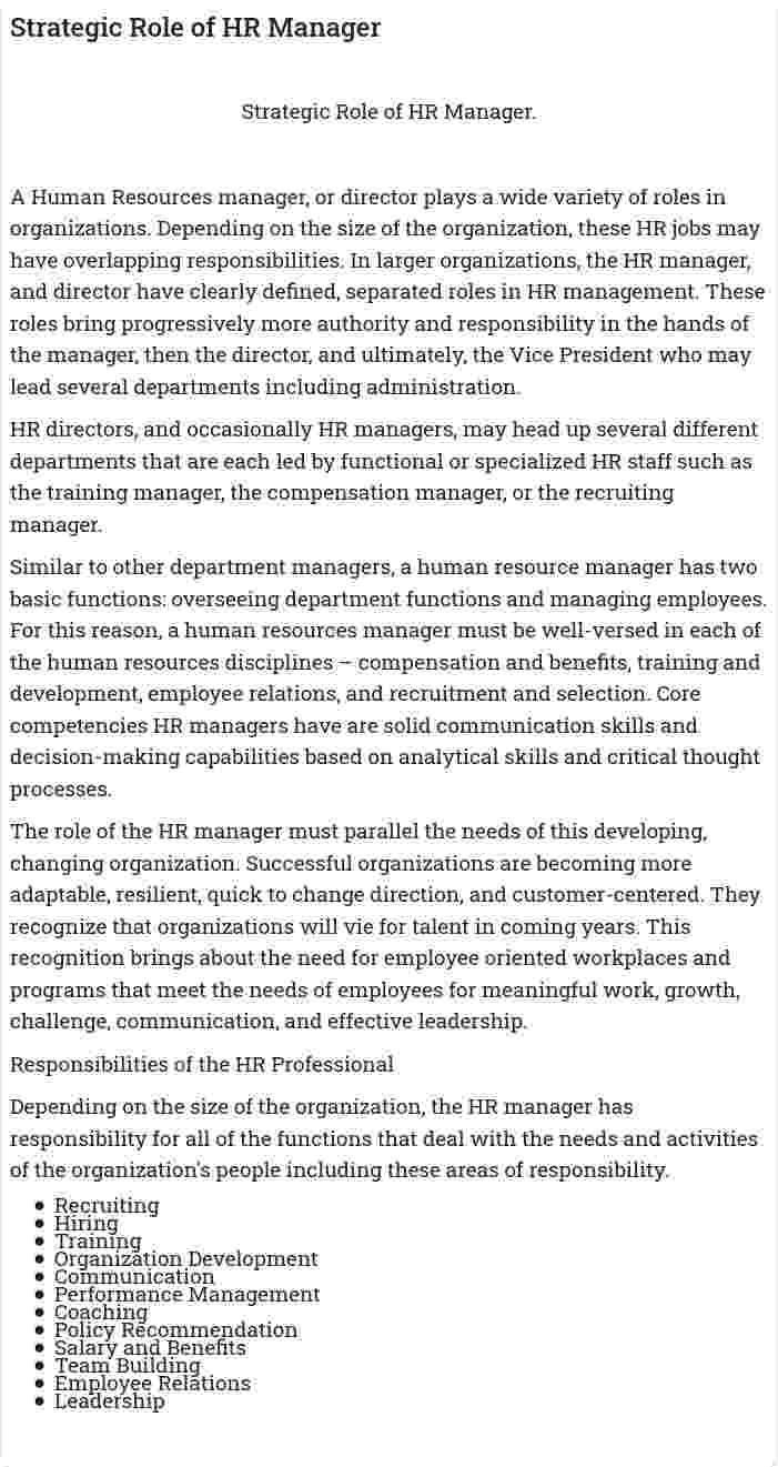 Strategic Role of HR Manager