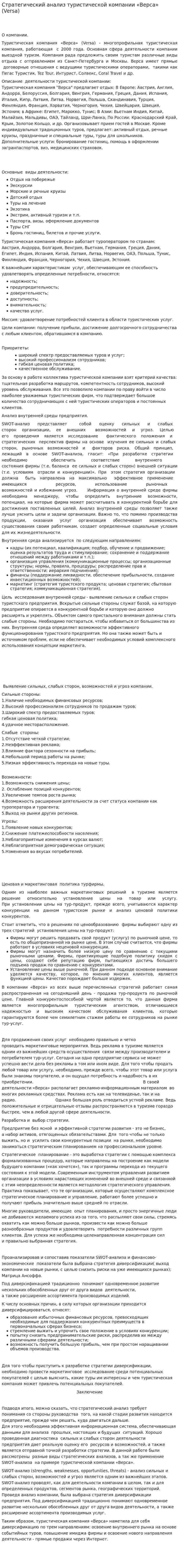 Стратегический анализ туристической компании «Верса» (Versa)