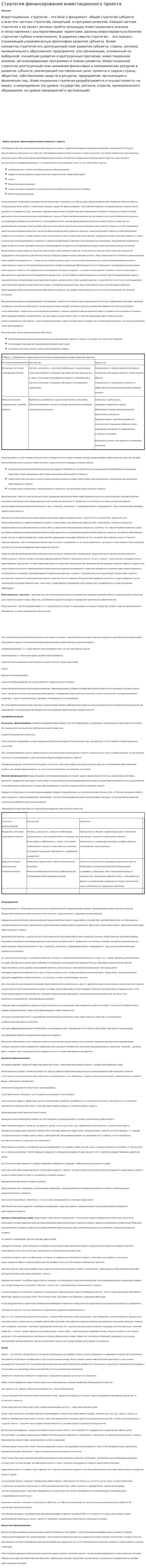 Стратегия финансирования инвестиционного проекта